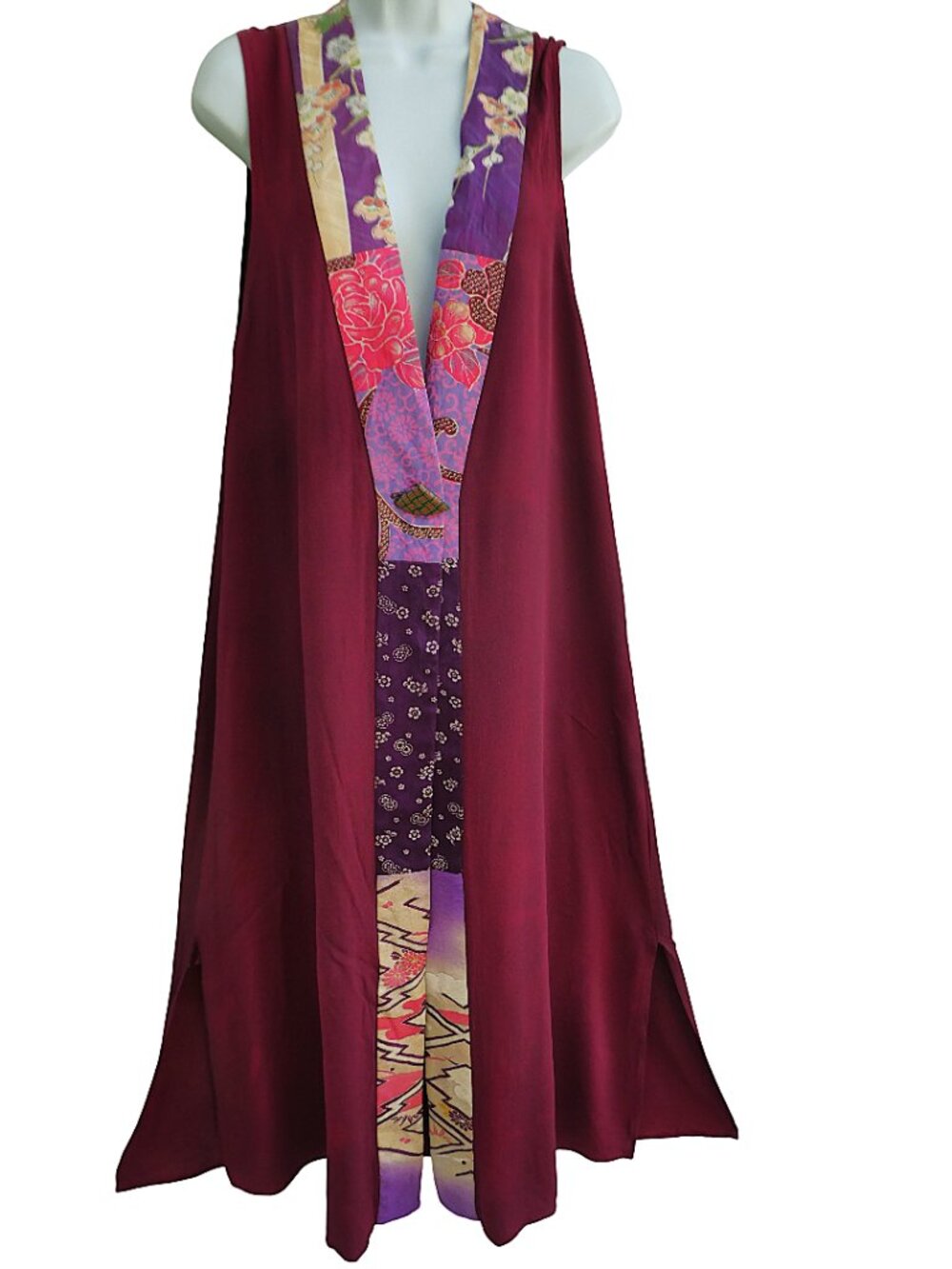 Vintage 90s Harari Burgundy Duster Vest Silk Mixed Floral Border Trim Novelty Bu